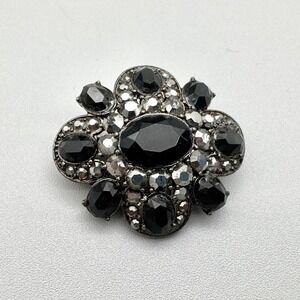 Liz Claiborne Brooch Silver Tone Glamorous Black Beads Rhinestones Cocktail
